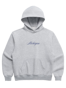 Gray hoodie with 'Michigan' in cursive font on the front
