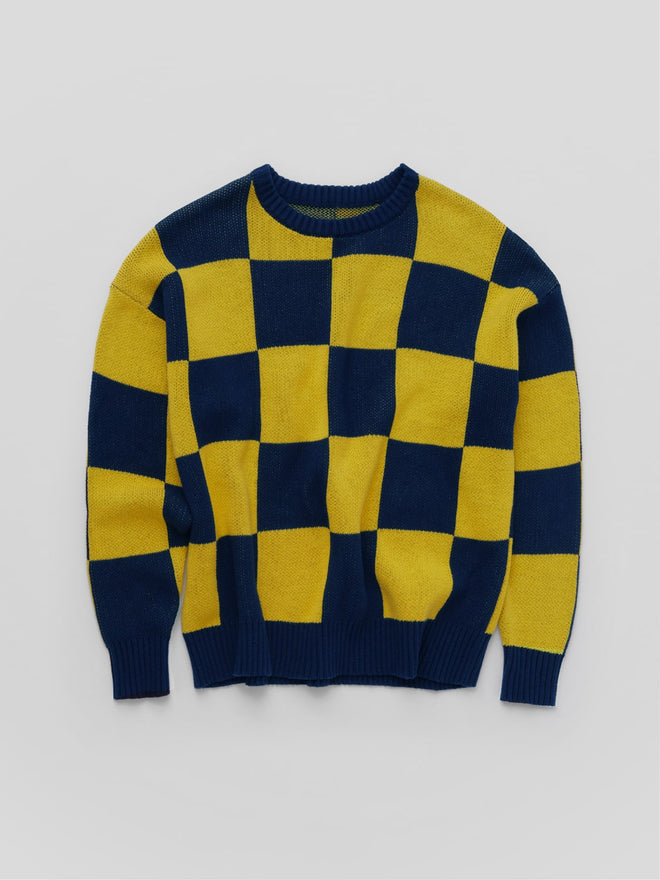 blue and yellow checkerboard sweater