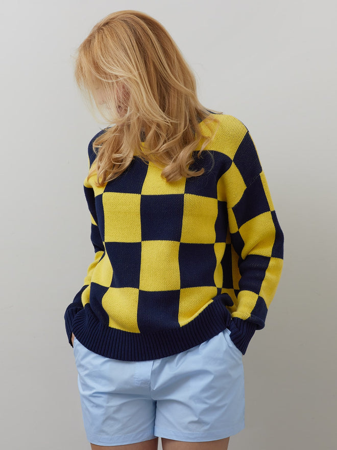 checkerboard sweater in blue and yellow