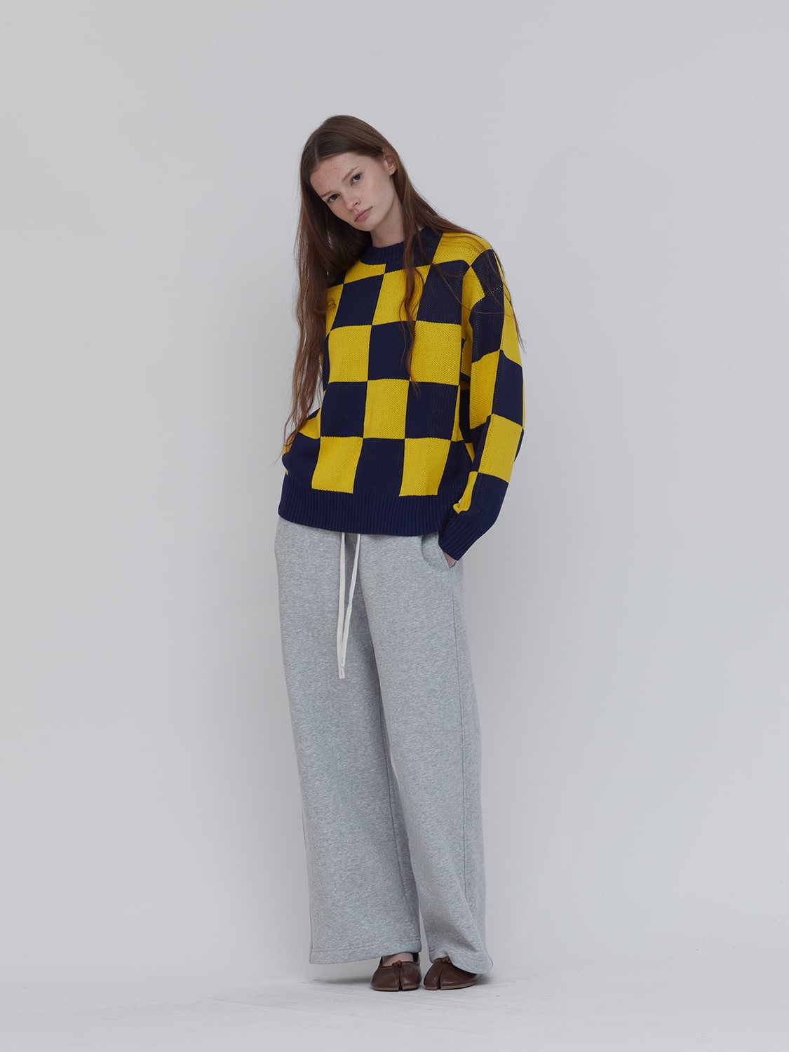 Varsity Checkerboard Sweater in Navy/Yellow – One DNA