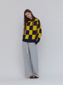 checkerboard sweater navy and yellow
