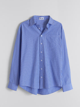 Blue and brown pinstripe button up shirt by One Dna
