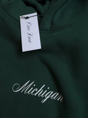 Detail of Michigan Script Hoodie in Green with One Dna hangtag.