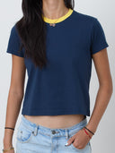 Jane Navy & Yellow Ringer T-Shirt Close Up ONE DNA