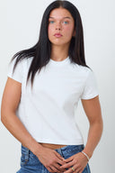 ONE DNA Jane women's white cropped t-shirt, front view showing waist crop