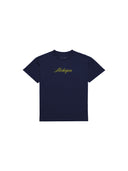Navy baby tee with 'Michigan' in yellow on the front