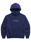 Navy blue hoodie with 'Michigan' in yellow cursive font on the front