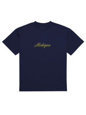 Navy blue t-shirt with 'Michigan' printed in yellow on the front
