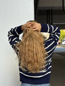 navy and white striped sweater