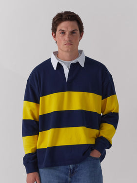 navy and yellow striped rugby polo ONE DNA