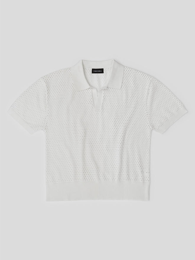 white crochet knit polo shirt
